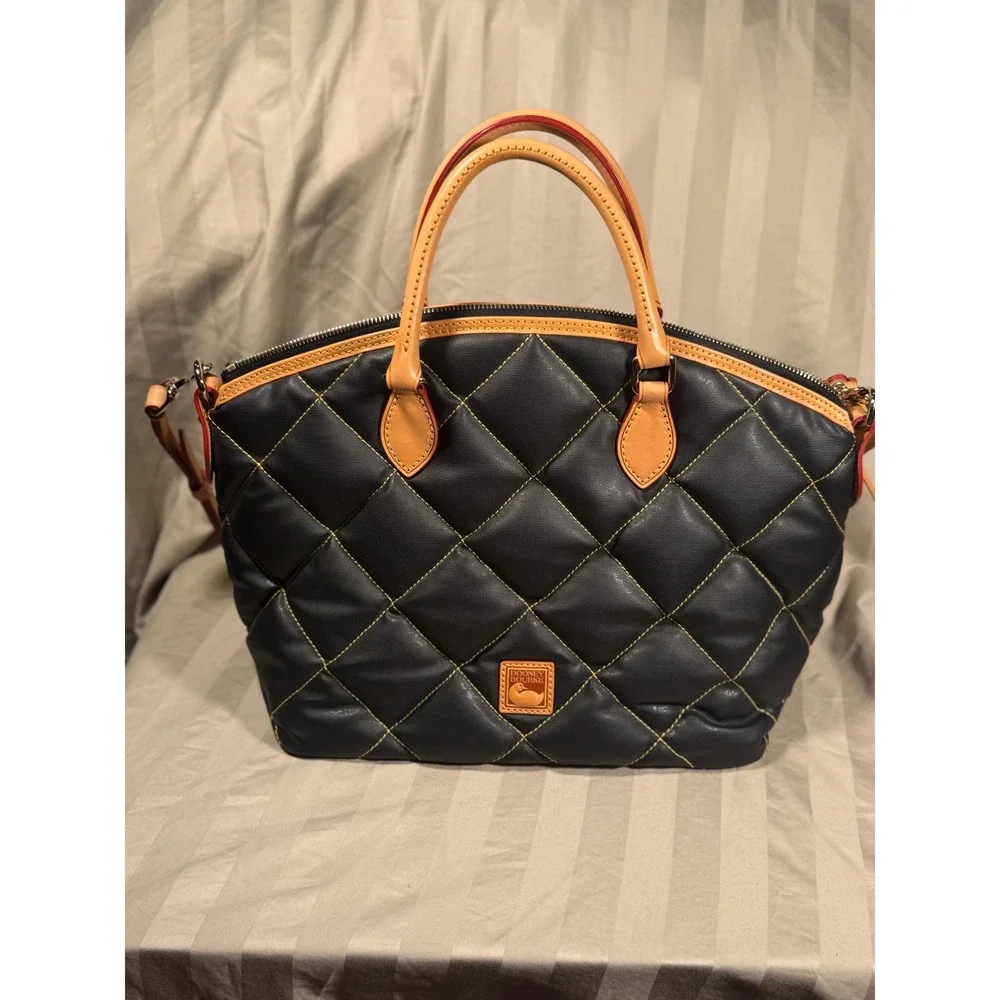 Dooney & Bourke Black Quilted Satchel Handbag FQ668 BL Tan Leather Trim